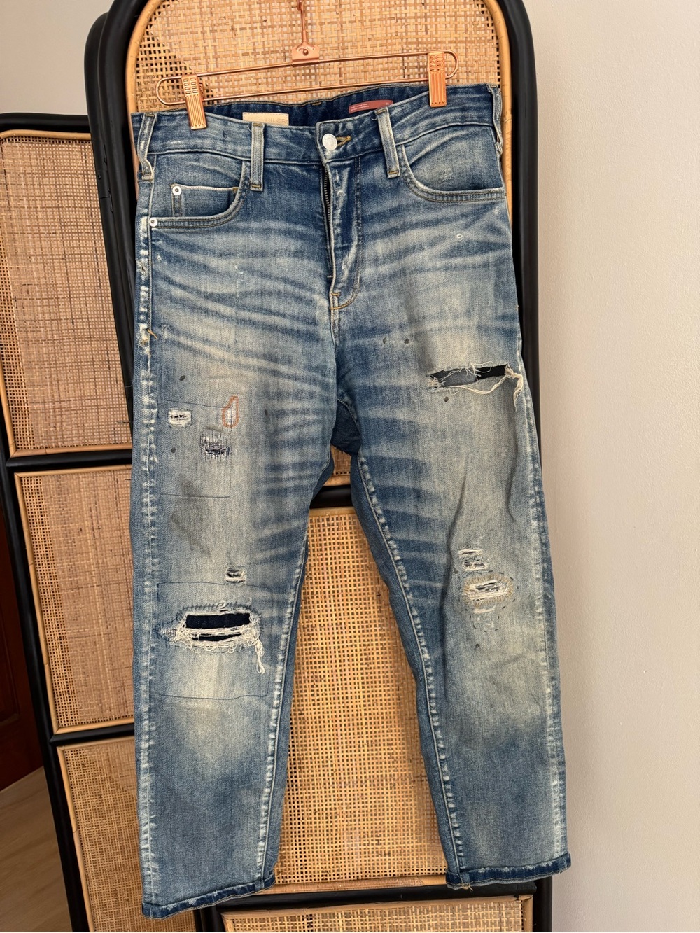Pilcro Cropped Boyfriend Jeans in Patchwork Distressed
